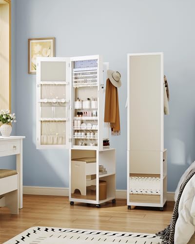 Hzuaneri 8 LEDs Jewelry Cabinet Armoire, 64.8-inch Jewelry Organizer with Garment Rack, Lockable Full-length Mirror with 4 Wheels, Storage Shelves with Hooks, 5-in-1, White and Beige JC17003BE