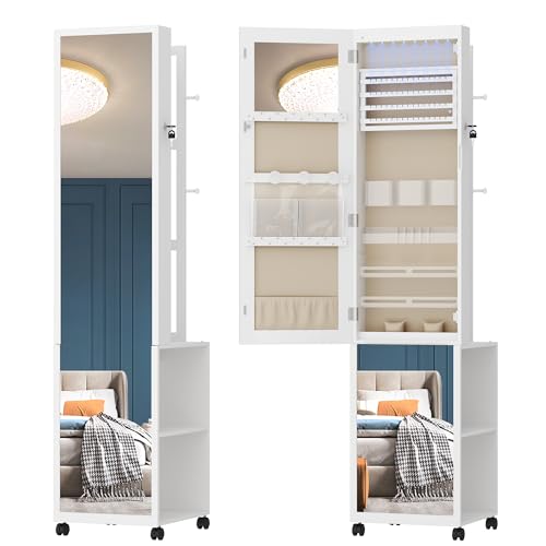 Hzuaneri 8 LEDs Jewelry Cabinet Armoire, 64.8-inch Jewelry Organizer with Garment Rack, Lockable Full-length Mirror with 4 Wheels, Storage Shelves with Hooks, 5-in-1, White and Beige JC17003BE