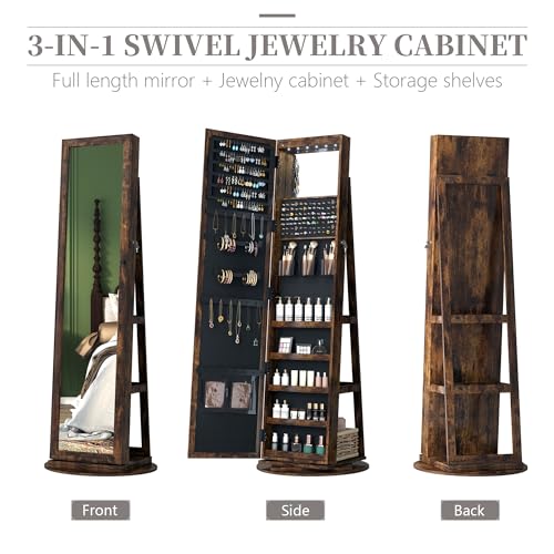 LVSOMT LED Full-Length Mirror Jewelry Armoire for Women, Free Standing Mirror with Jewelry Storage, 360° Swivel Jewelry Cabinet for Bedroom, Dressing room (Retro Brown)