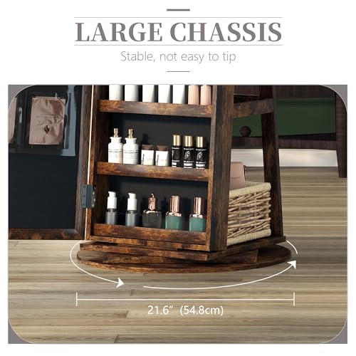 LVSOMT LED Full-Length Mirror Jewelry Armoire for Women, Free Standing Mirror with Jewelry Storage, 360° Swivel Jewelry Cabinet for Bedroom, Dressing room (Retro Brown)