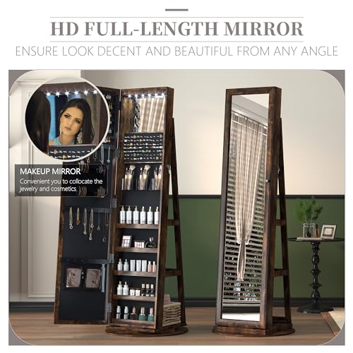 LVSOMT LED Full-Length Mirror Jewelry Armoire for Women, Free Standing Mirror with Jewelry Storage, 360° Swivel Jewelry Cabinet for Bedroom, Dressing room (Retro Brown)