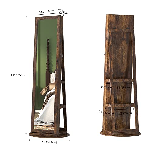 LVSOMT LED Full-Length Mirror Jewelry Armoire for Women, Free Standing Mirror with Jewelry Storage, 360° Swivel Jewelry Cabinet for Bedroom, Dressing room (Retro Brown)