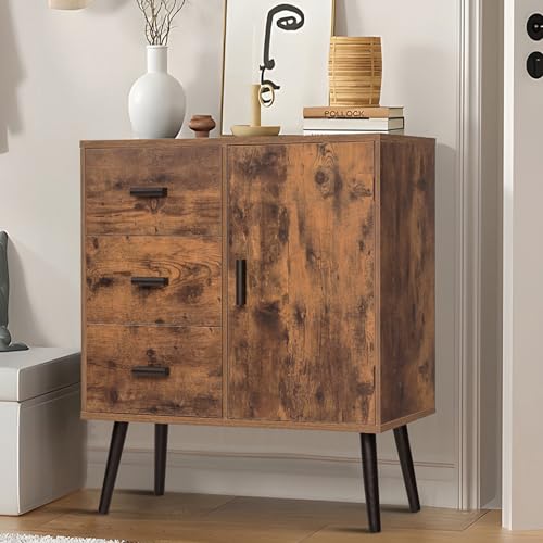 Iwell Storage Cabinet with 3 Drawers & Adjustable Shelf, Mid Century Cabinet with Door, Accent Cabinet for Living Room, Home Office, Entryway, Rustic Brown