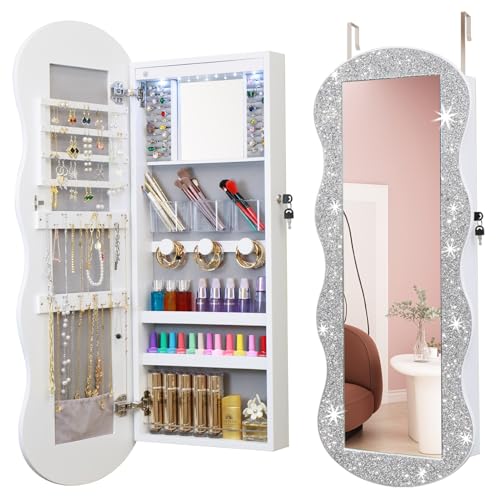 Jewelry Armoire Organizer, LED Jewelry Cabinet Wall/Door Mounted, Lockable Wavy Mirror with Storage, Crushed Diamonds Mirror Full Length,Door or Wall Mounted Mirror with Jewelry Storage,B0CT5CDWP6