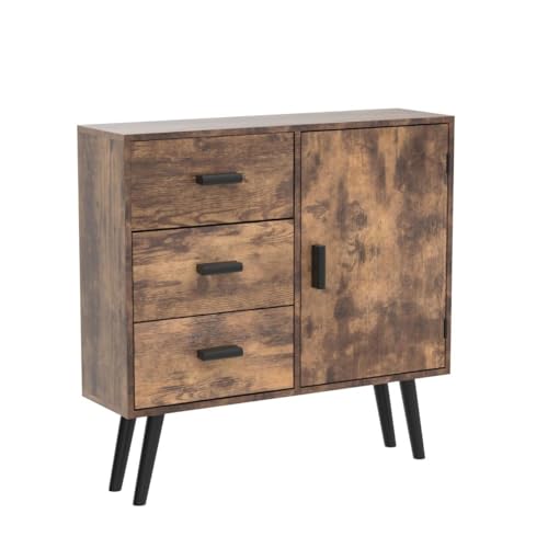Iwell Storage Cabinet with 3 Drawers & Adjustable Shelf, Mid Century Cabinet with Door, Accent Cabinet for Living Room, Home Office, Entryway, Rustic Brown
