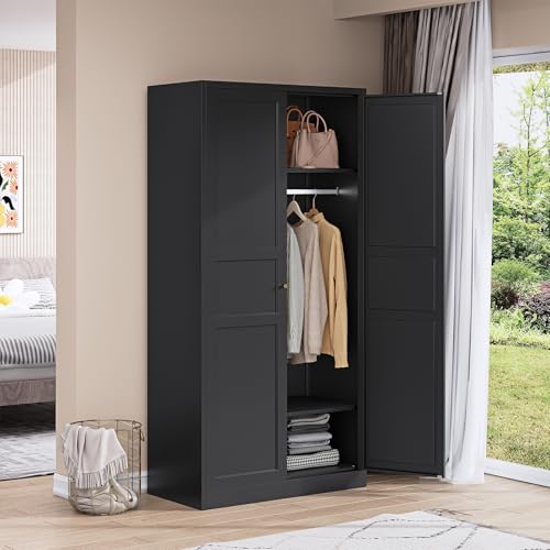 LISSIMO Metal Wardrobe Closet Cabinet,Armoire Wardrobe Closets Storage Cabinets with Doors and Shelves for Laundry Room,Bedroom,Home Office,Bathroom(Black