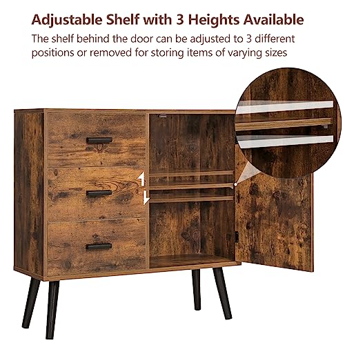 Iwell Storage Cabinet with 3 Drawers & Adjustable Shelf, Mid Century Cabinet with Door, Accent Cabinet for Living Room, Home Office, Entryway, Rustic Brown