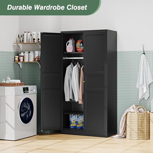 LISSIMO Metal Wardrobe Closet Cabinet,Armoire Wardrobe Closets Storage Cabinets with Doors and Shelves for Laundry Room,Bedroom,Home Office,Bathroom(Black