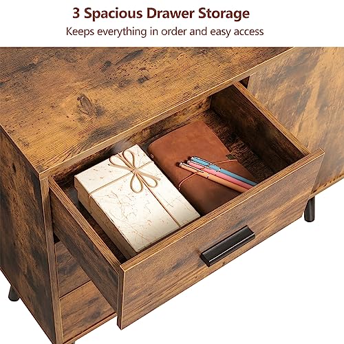 Iwell Storage Cabinet with 3 Drawers & Adjustable Shelf, Mid Century Cabinet with Door, Accent Cabinet for Living Room, Home Office, Entryway, Rustic Brown