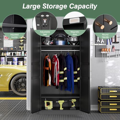 LISSIMO Metal Wardrobe Closet Cabinet,Armoire Wardrobe Closets Storage Cabinets with Doors and Shelves for Laundry Room,Bedroom,Home Office,Bathroom(Black