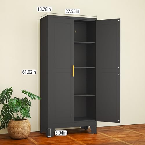 RISTERN Black Metal Storage Cabinet, 61" Steel File Cabinet for Home Office, Kitchen Pantry Storage Cabinet with Doors and 3 Adjustable Shelves, Metal Tool Cabinet, for Office, Home, Garage, School