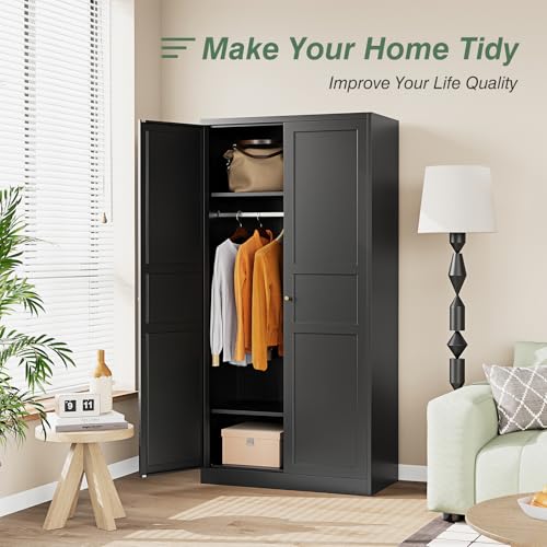 LISSIMO Metal Wardrobe Closet Cabinet,Armoire Wardrobe Closets Storage Cabinets with Doors and Shelves for Laundry Room,Bedroom,Home Office,Bathroom(Black