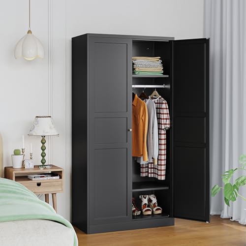 LISSIMO Metal Wardrobe Closet Cabinet,Armoire Wardrobe Closets Storage Cabinets with Doors and Shelves for Laundry Room,Bedroom,Home Office,Bathroom(Black