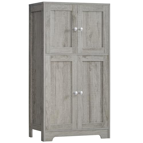 Iwell Storage Cabinet, Bathroom Cabinet with 4 Doors & Adjustable Shelf, Cupboard, Bathroom Floor Cabinet for Living Room, Entryway, Home Office, Grey