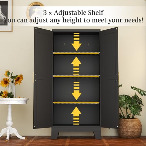 RISTERN Black Metal Storage Cabinet, 61" Steel File Cabinet for Home Office, Kitchen Pantry Storage Cabinet with Doors and 3 Adjustable Shelves, Metal Tool Cabinet, for Office, Home, Garage, School