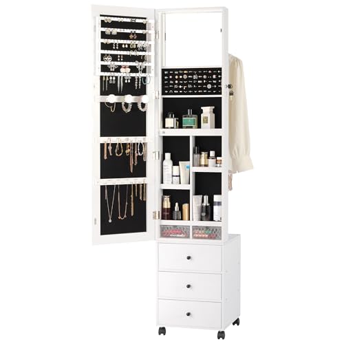 IRONCK Jewelry Cabinet with 3 Drawers, Lockable Standing Jewelry Armoire Organizer with Garment Rack, Full Length Mirror with Jewelry Storage and 4 Wheels for Bedroom, Cloakroom, White