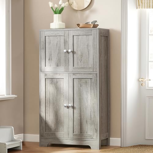 Iwell Storage Cabinet, Bathroom Cabinet with 4 Doors & Adjustable Shelf, Cupboard, Bathroom Floor Cabinet for Living Room, Entryway, Home Office, Grey