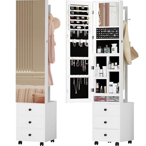 IRONCK Jewelry Cabinet with 3 Drawers, Lockable Standing Jewelry Armoire Organizer with Garment Rack, Full Length Mirror with Jewelry Storage and 4 Wheels for Bedroom, Cloakroom, White