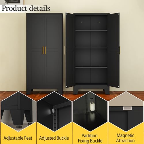 RISTERN Black Metal Storage Cabinet, 61" Steel File Cabinet for Home Office, Kitchen Pantry Storage Cabinet with Doors and 3 Adjustable Shelves, Metal Tool Cabinet, for Office, Home, Garage, School