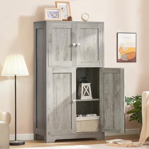 Iwell Storage Cabinet, Bathroom Cabinet with 4 Doors & Adjustable Shelf, Cupboard, Bathroom Floor Cabinet for Living Room, Entryway, Home Office, Grey