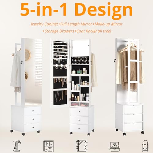 IRONCK Jewelry Cabinet with 3 Drawers, Lockable Standing Jewelry Armoire Organizer with Garment Rack, Full Length Mirror with Jewelry Storage and 4 Wheels for Bedroom, Cloakroom, White