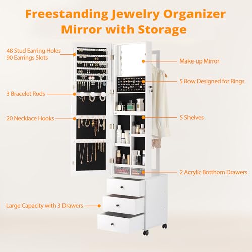 IRONCK Jewelry Cabinet with 3 Drawers, Lockable Standing Jewelry Armoire Organizer with Garment Rack, Full Length Mirror with Jewelry Storage and 4 Wheels for Bedroom, Cloakroom, White