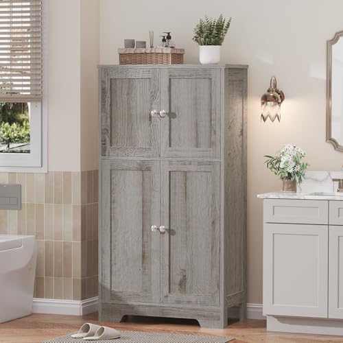 Iwell Storage Cabinet, Bathroom Cabinet with 4 Doors & Adjustable Shelf, Cupboard, Bathroom Floor Cabinet for Living Room, Entryway, Home Office, Grey
