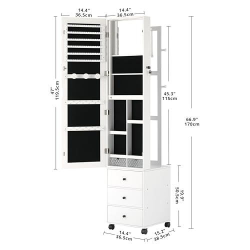 IRONCK Jewelry Cabinet with 3 Drawers, Lockable Standing Jewelry Armoire Organizer with Garment Rack, Full Length Mirror with Jewelry Storage and 4 Wheels for Bedroom, Cloakroom, White