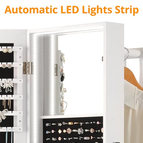 IRONCK Jewelry Cabinet with 3 Drawers, Lockable Standing Jewelry Armoire Organizer with Garment Rack, Full Length Mirror with Jewelry Storage and 4 Wheels for Bedroom, Cloakroom, White