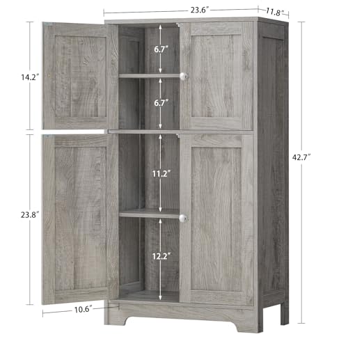 Iwell Storage Cabinet, Bathroom Cabinet with 4 Doors & Adjustable Shelf, Cupboard, Bathroom Floor Cabinet for Living Room, Entryway, Home Office, Grey