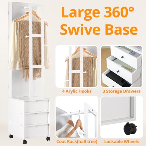 IRONCK Jewelry Cabinet with 3 Drawers, Lockable Standing Jewelry Armoire Organizer with Garment Rack, Full Length Mirror with Jewelry Storage and 4 Wheels for Bedroom, Cloakroom, White