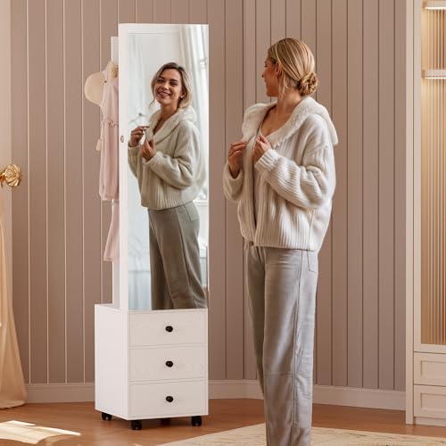 IRONCK Jewelry Cabinet with 3 Drawers, Lockable Standing Jewelry Armoire Organizer with Garment Rack, Full Length Mirror with Jewelry Storage and 4 Wheels for Bedroom, Cloakroom, White