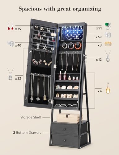 Nicetree LED Mirror Jewelry Cabinet Standing, Lockable Jewelry Cabinet Armoire with 2 Drawers, Full Length Mirror with Jewelry Storage, Christmas Gifts, Black…