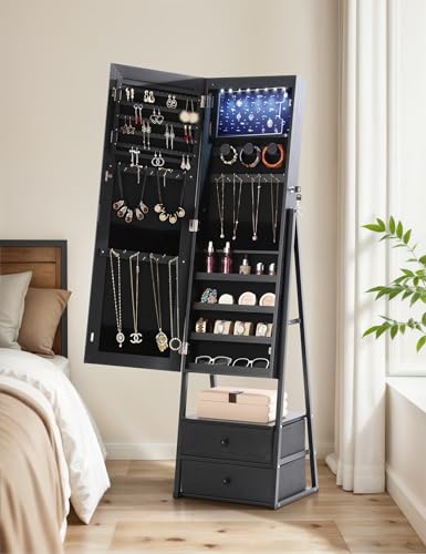 Nicetree LED Mirror Jewelry Cabinet Standing, Lockable Jewelry Cabinet Armoire with 2 Drawers, Full Length Mirror with Jewelry Storage, Christmas Gifts, Black…
