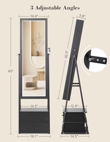 Nicetree LED Mirror Jewelry Cabinet Standing, Lockable Jewelry Cabinet Armoire with 2 Drawers, Full Length Mirror with Jewelry Storage, Christmas Gifts, Black…