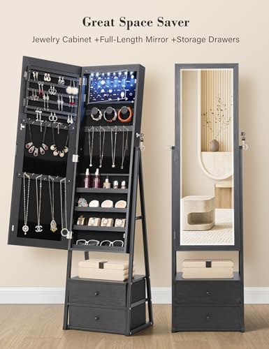 Nicetree LED Mirror Jewelry Cabinet Standing, Lockable Jewelry Cabinet Armoire with 2 Drawers, Full Length Mirror with Jewelry Storage, Christmas Gifts, Black…