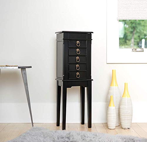 Hives and Honey Kennedy Jewelry Armoire - Modern Wood Storage Organizer with Necklace Hooks, 5 Drawers, and Vanity Mirror, Black