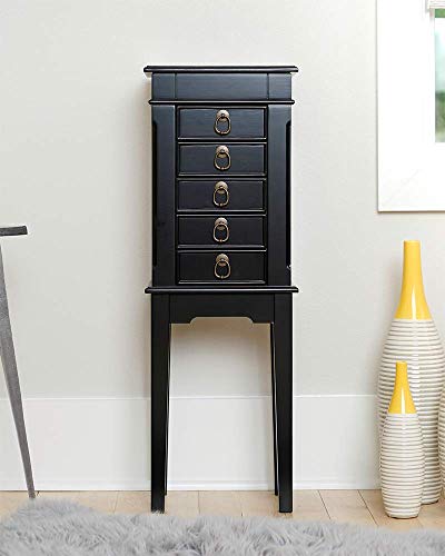 Hives and Honey Kennedy Jewelry Armoire - Modern Wood Storage Organizer with Necklace Hooks, 5 Drawers, and Vanity Mirror, Black