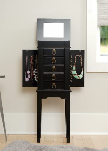 Hives and Honey Kennedy Jewelry Armoire - Modern Wood Storage Organizer with Necklace Hooks, 5 Drawers, and Vanity Mirror, Black