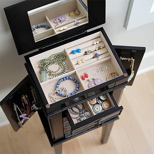 Hives and Honey Kennedy Jewelry Armoire - Modern Wood Storage Organizer with Necklace Hooks, 5 Drawers, and Vanity Mirror, Black