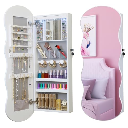 whitebeach Jewelry Armoire Cabinet, Mirror LED Jewelry Cabinet Wall or Door Mounted Full-Length Lockable Wavy Mirror Jewelry Organizer, Mirror Storge Interior Make-up Mirror With Magnetic Lock