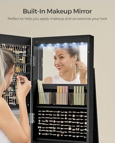 SONGMICS 6 LEDs Lockable Mirror Jewelry Cabinet, 360° Swivel Jewelry Organizer, Standing Jewelry Armoire, Frameless Full-Length Mirror, 3 Storage Shelves, Black Surface, Black Lining UJJC007B01