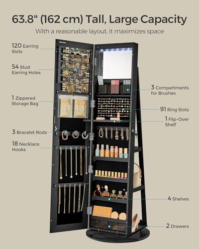 SONGMICS 6 LEDs Lockable Mirror Jewelry Cabinet, 360° Swivel Jewelry Organizer, Standing Jewelry Armoire, Frameless Full-Length Mirror, 3 Storage Shelves, Black Surface, Black Lining UJJC007B01