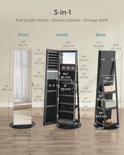 SONGMICS 6 LEDs Lockable Mirror Jewelry Cabinet, 360° Swivel Jewelry Organizer, Standing Jewelry Armoire, Frameless Full-Length Mirror, 3 Storage Shelves, Black Surface, Black Lining UJJC007B01