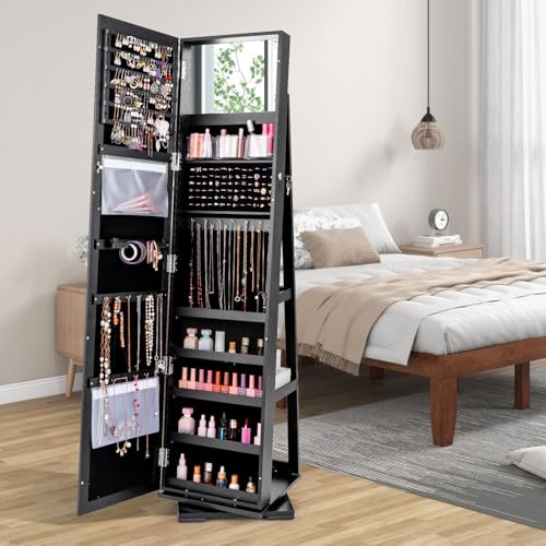 CHARMAID 360° Swivel Jewelry Armoire with Full Length Mirror, Standing Lockable Jewelry Cabinet Organizer, Large Storage Capacity, Inside Makeup Mirror, Back Storage Shelves (Black)