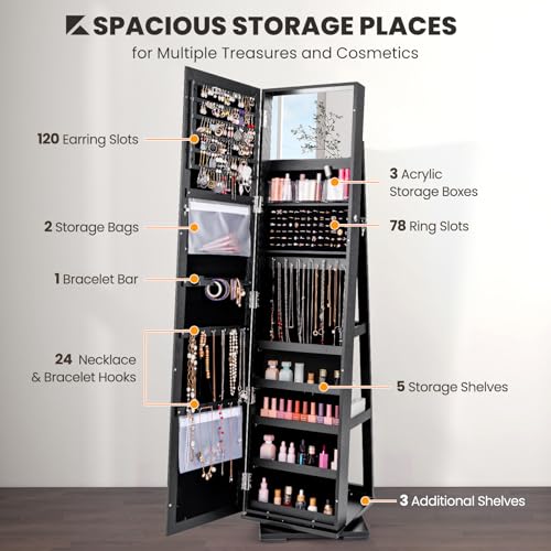 CHARMAID 360° Swivel Jewelry Armoire with Full Length Mirror, Standing Lockable Jewelry Cabinet Organizer, Large Storage Capacity, Inside Makeup Mirror, Back Storage Shelves (Black)