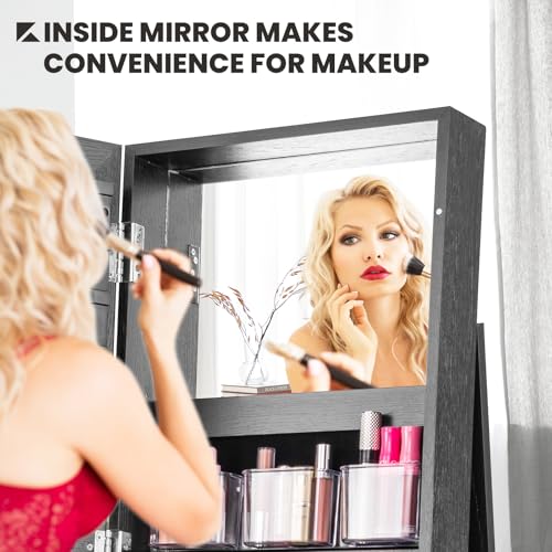 CHARMAID 360° Swivel Jewelry Armoire with Full Length Mirror, Standing Lockable Jewelry Cabinet Organizer, Large Storage Capacity, Inside Makeup Mirror, Back Storage Shelves (Black)