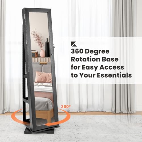 CHARMAID 360° Swivel Jewelry Armoire with Full Length Mirror, Standing Lockable Jewelry Cabinet Organizer, Large Storage Capacity, Inside Makeup Mirror, Back Storage Shelves (Black)