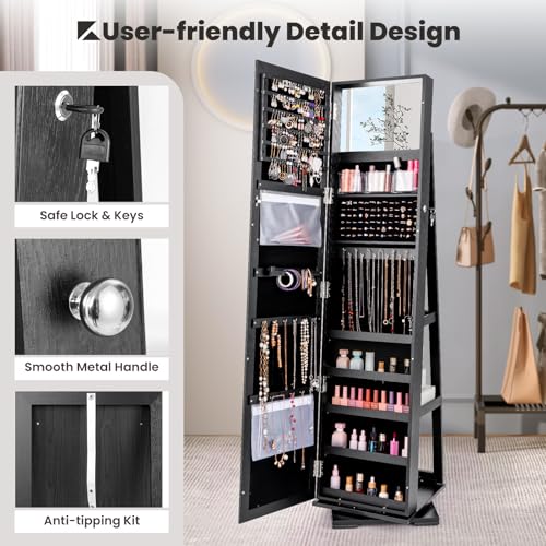 CHARMAID 360° Swivel Jewelry Armoire with Full Length Mirror, Standing Lockable Jewelry Cabinet Organizer, Large Storage Capacity, Inside Makeup Mirror, Back Storage Shelves (Black)