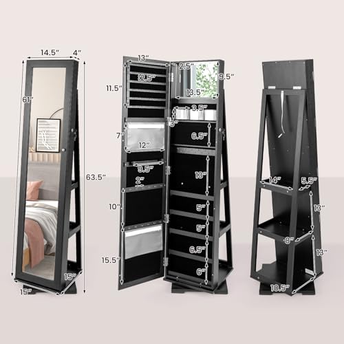 CHARMAID 360° Swivel Jewelry Armoire with Full Length Mirror, Standing Lockable Jewelry Cabinet Organizer, Large Storage Capacity, Inside Makeup Mirror, Back Storage Shelves (Black)